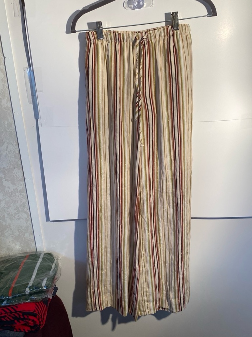 No Boundaries Wide-Leg Striped Cream Pants with Red and Green Accents
